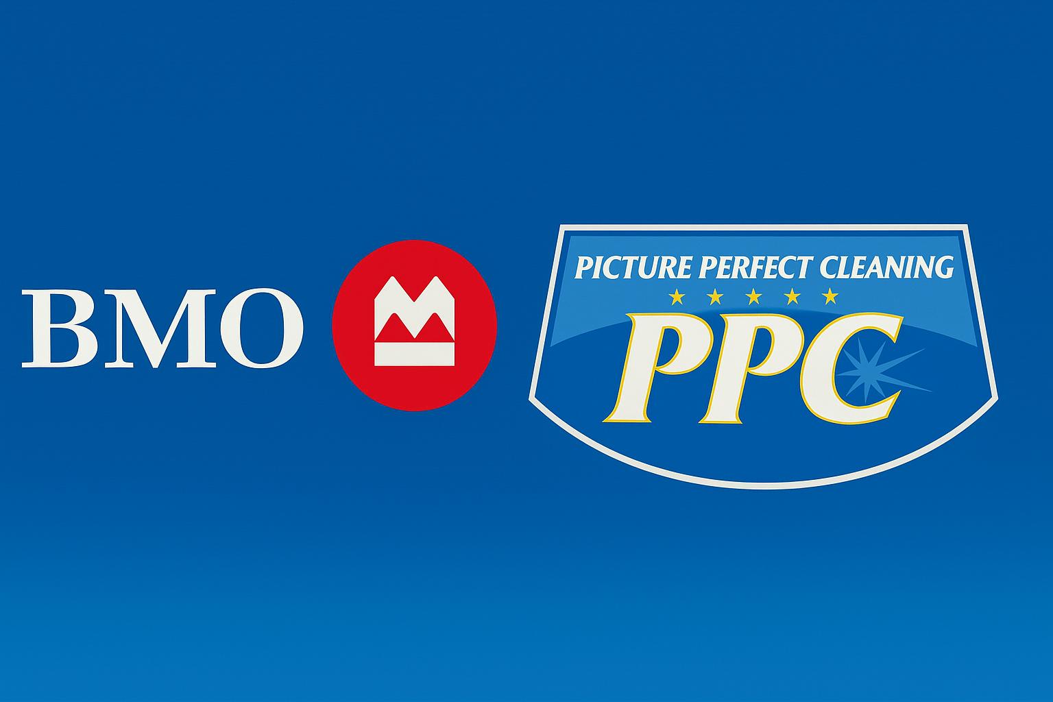 Picture Perfect Cleaning and BMO – A Three-Generation Partnership BMO logo and Picture Perfect Cleaning logo together on a clean blue background symbolizing a three-generation banking relationship.